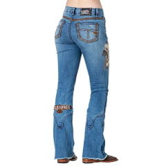 Calça Jeans Feminina Zenz Western Raio Azul Stone Flare Com Bordados em Pena e Cocar Com Brilho e Strass Ref.1301RAIO