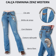 Calça Jeans Feminina Zenz Western Raio Azul Stone Flare Com Bordados em Pena e Cocar Com Brilho e Strass Ref.1301RAIO