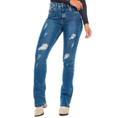 Calça Jeans Stabulos Jeans Claro Com Puídos BootCut Com Bordado Floral Nos Bolsos Traseiros e Brilho Ref.STB390