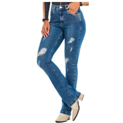 Calça Jeans Stabulos Jeans Claro Com Puídos BootCut Com Bordado Floral Nos Bolsos Traseiros e Brilho Ref.STB390