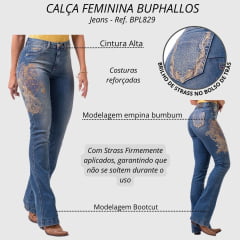 Calça Feminina Buphallos Jeans Médio Bordado com Brilhos Ref. BPL829