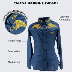 Camisa Country Feminina Radade Com Brilho Azul Marinho Manga Longa