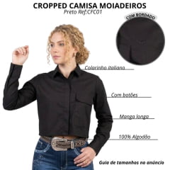 Camisa Feminina Moiadeiros Cropped Manga Longa Com Bolso Preto Com Logo Bordado Ref:CFC01