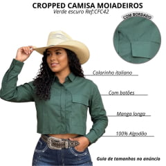Camisa Feminina Moiadeiros Cropped Manga Longa Com Bolso Verde Escuro Com Logo Bordado Ref:CFC42