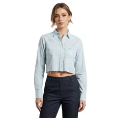 Camisa Feminina Moiadeiros Cropped Manga Longa Com Bolso Xadrez Azul E Branco Com Logo Bordado Azul Ref:CFC31