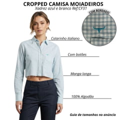 Camisa Feminina Moiadeiros Cropped Manga Longa Com Bolso Xadrez Azul E Branco Com Logo Bordado Azul Ref:CFC31