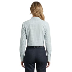 Camisa Feminina Moiadeiros Cropped Manga Longa Com Bolso Xadrez Azul E Branco Com Logo Bordado Azul Ref:CFC31