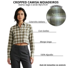 Camisa Feminina Moiadeiros Cropped Manga Longa Com Bolso Xadrez Bege E Verde Com Logo Bordado Verde Ref:CFC41