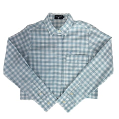 Camisa Cropped Feminina Os Moiadeiros Manga Longa Xadrez Azul Claro E Branco Com Bolso E Logo Azul Ref:CFC32