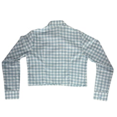 Camisa Cropped Feminina Os Moiadeiros Manga Longa Xadrez Azul Claro E Branco Com Bolso E Logo Azul Ref:CFC32