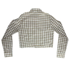 Camisa Cropped Feminina Os Moiadeiros Manga Longa Xadrez Bege E Branco Com Bolso E Logo Bege Ref:CFC34