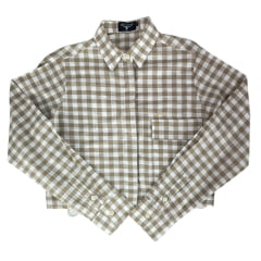 Camisa Cropped Feminina Os Moiadeiros Manga Longa Xadrez Bege E Branco Com Bolso E Logo Bege Ref:CFC34