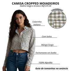 Camisa Cropped Feminina Os Moiadeiros Manga Longa Xadrez Bege E Branco Com Bolso E Logo Bege Ref:CFC34