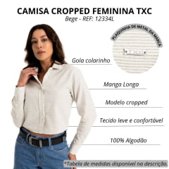 Camisa Cropped Feminina TXC Curta  Tricoline Plaquinha Cor Bege Claro Bordados Listrado Verde - REF: 12334L
