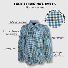 Camisa Feminina Aurochs Manga Longa Xadrez Azul/Branco Com Logo Bordado Laranja