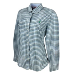 Camisa Feminina Aurochs Manga Longa Xadrez Azul/Branco/Ocre Claro  Com Logo Bordado Verde