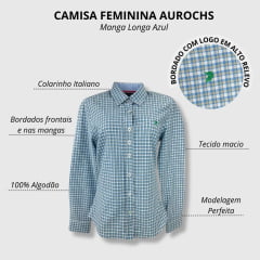 Camisa Feminina Aurochs Manga Longa Xadrez Azul/Branco/Ocre Claro  Com Logo Bordado Verde