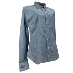 Camisa Feminina Austin Western Manga Longa Xadrez Mini Azul E Branco Com Logo Bordado Bordô Ref:14782