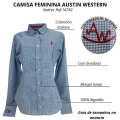 Camisa Feminina Austin Western Manga Longa Xadrez Mini Azul E Branco Com Logo Bordado Bordô Ref:14782
