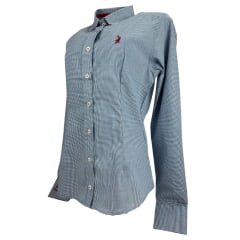 Camisa Feminina Austin Western Manga Longa Xadrez Mini Azul E Branco Com Logo Bordado Bordô Ref:14782