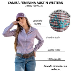 Camisa Feminina Austin Western Manga Longa Xadrez Mini Bordô Branco E Azul Claro Com Logo Bordado Azul Claro Ref:14782