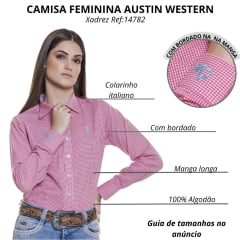 Camisa Feminina Austin Western Manga Longa Xadrez Mini Vermelho Azul Com Logo Bordado Azul Claro Ref:14782