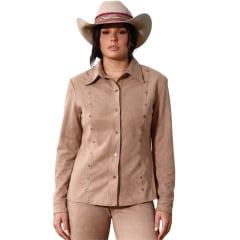 Camisa Feminina Consciência Jeans Camurça Bege Aplicação Manga Longa REF:90620