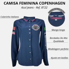 Camisa Feminina Copenhagen Azul Marinho Manga Longa Bordada R:8722
