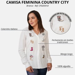 Camisa Feminina Country City Branco Manga Longa Bordado De Botas Colorido Ref. CF 02059 B
