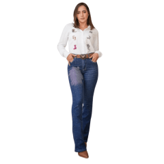 Camisa Feminina Country City Branco Manga Longa Bordado De Botas Colorido Ref. CF 02059 B