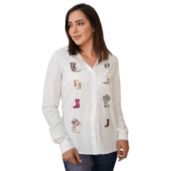 Camisa Feminina Country City Branco Manga Longa Bordado De Botas Colorido Ref. CF 02059 B