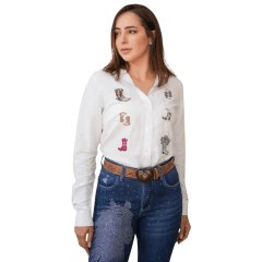 Camisa Feminina Country City Branco Manga Longa Bordado De Botas Colorido Ref. CF 02059 B