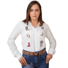 Camisa Feminina Country City Branco Manga Longa Bordado De Botas Colorido Ref. CF 02059 B