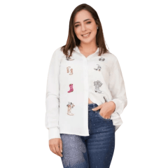 Camisa Feminina Country City Branco Manga Longa Bordado De Botas Colorido Ref. CF 02059 B