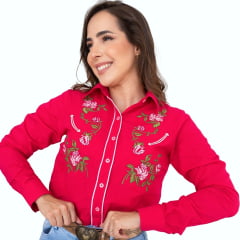 Camisa Feminina Country City Pink Manga Longa Bordado De Rosas Ref. CBD2042