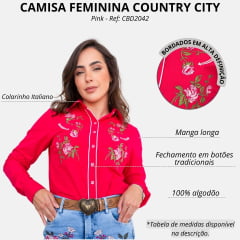 Camisa Feminina Country City Pink Manga Longa Bordado De Rosas Ref. CBD2042