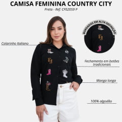 Camisa Feminina Country City Preto Manga Longa Olivia Bordado De Botas Colorido Ref. CF 02059 P