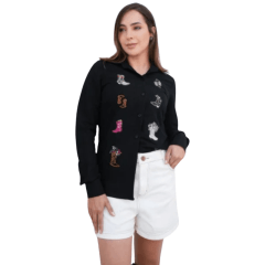 Camisa Feminina Country City Preto Manga Longa Olivia Bordado De Botas Colorido Ref. CF 02059 P