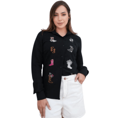 Camisa Feminina Country City Preto Manga Longa Olivia Bordado De Botas Colorido Ref. CF 02059 P