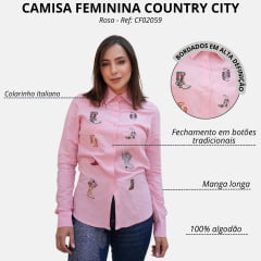 Camisa Feminina Country City Rosa Manga Longa Bordado De Botas Colorido Ref. CF 02059 R