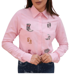 Camisa Feminina Country City Rosa Manga Longa Bordado De Botas Colorido Ref. CF 02059 R
