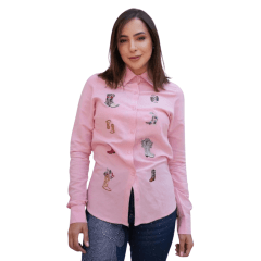 Camisa Feminina Country City Rosa Manga Longa Bordado De Botas Colorido Ref. CF 02059 R