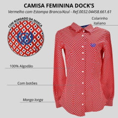 Camisa Feminina Dock's Manga Longa Vermelho C/ Estampa em Branco/Azul - Ref: 0032.04458.661.61