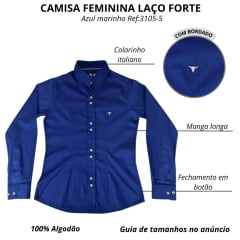 Camisa Feminina Laço Forte Azul Marinho Lisa Manga Longa Com Logo Rosa Ref 3105-1