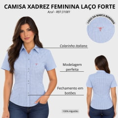 Camisa Feminina Laço Forte Manga Curta Xadrez Azul Logo Rosa Bebê - REF:31081