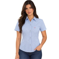 Camisa Feminina Laço Forte Manga Curta Xadrez Azul Logo Rosa Bebê - REF:31081