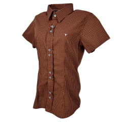 Camisa Feminina Laço Forte Manga Curta Xadrez Laranja Escuro/Marrom Com Logo Rosa Ref.3107 Cód.397