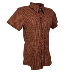 Camisa Feminina Laço Forte Manga Curta Xadrez Laranja Escuro/Marrom Com Logo Rosa Ref.3107 Cód.397