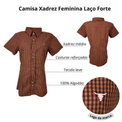 Camisa Feminina Laço Forte Manga Curta Xadrez Laranja Escuro/Marrom Com Logo Rosa Ref.3107 Cód.397