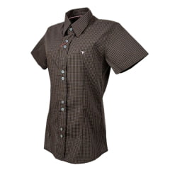 Camisa Feminina Laço Forte Manga Curta Xadrez Marrom/Preto Com Logo Rosa Ref.3107 Cód.397